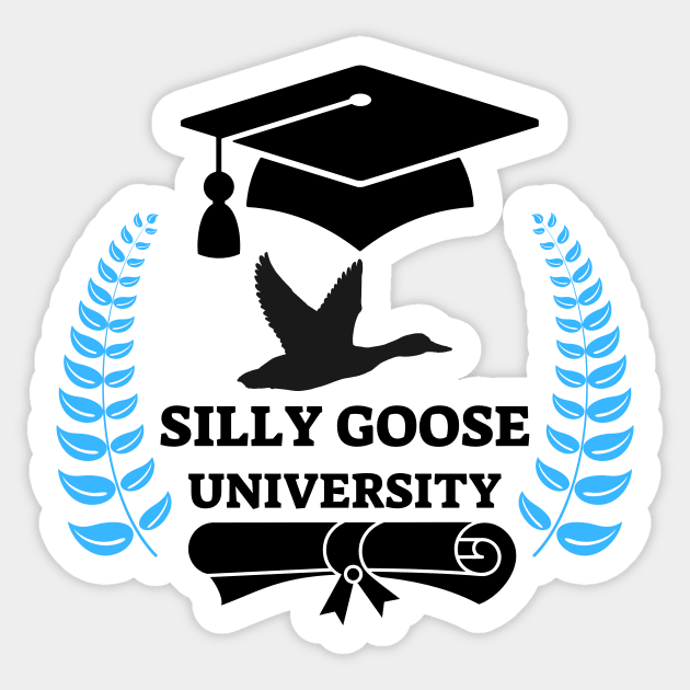 Silly Goose University - Flying Goose Black Design With Blue Details Sticker by Double E Design